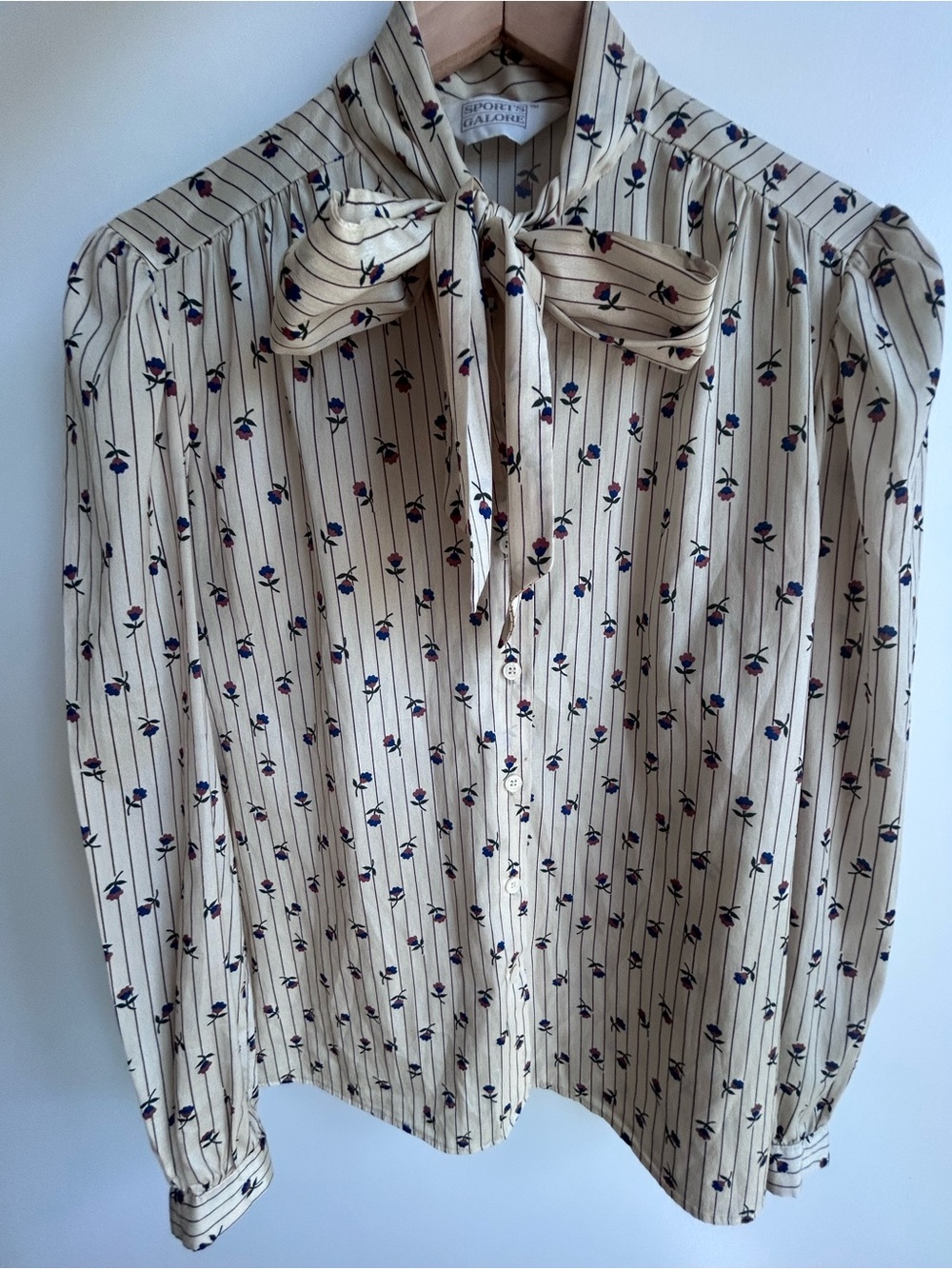 Vintage Cream Floral Stripe Tie-Neck Blouse Shirt